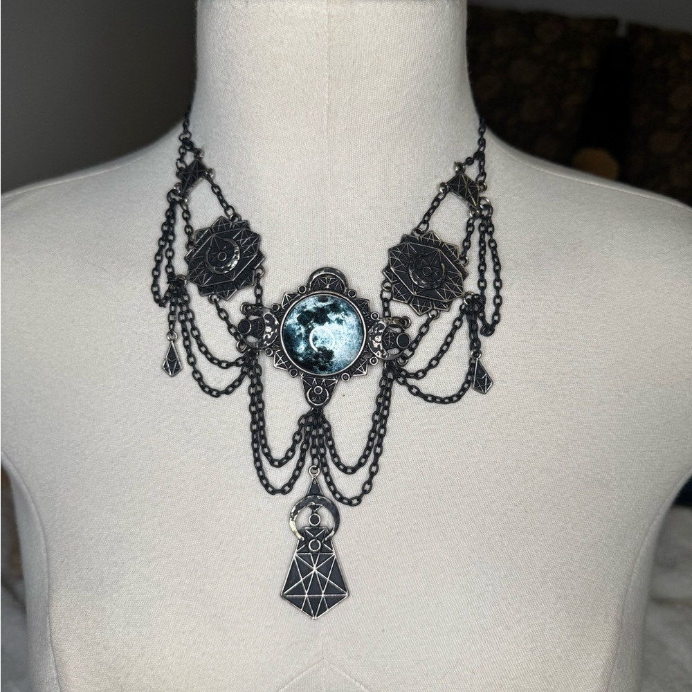 Black Gothic Necklace with Intricate Chains and Central Gemstone